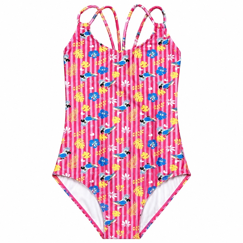 Girls' Pink Tropical Bird Print One-Piece Swimsuit
